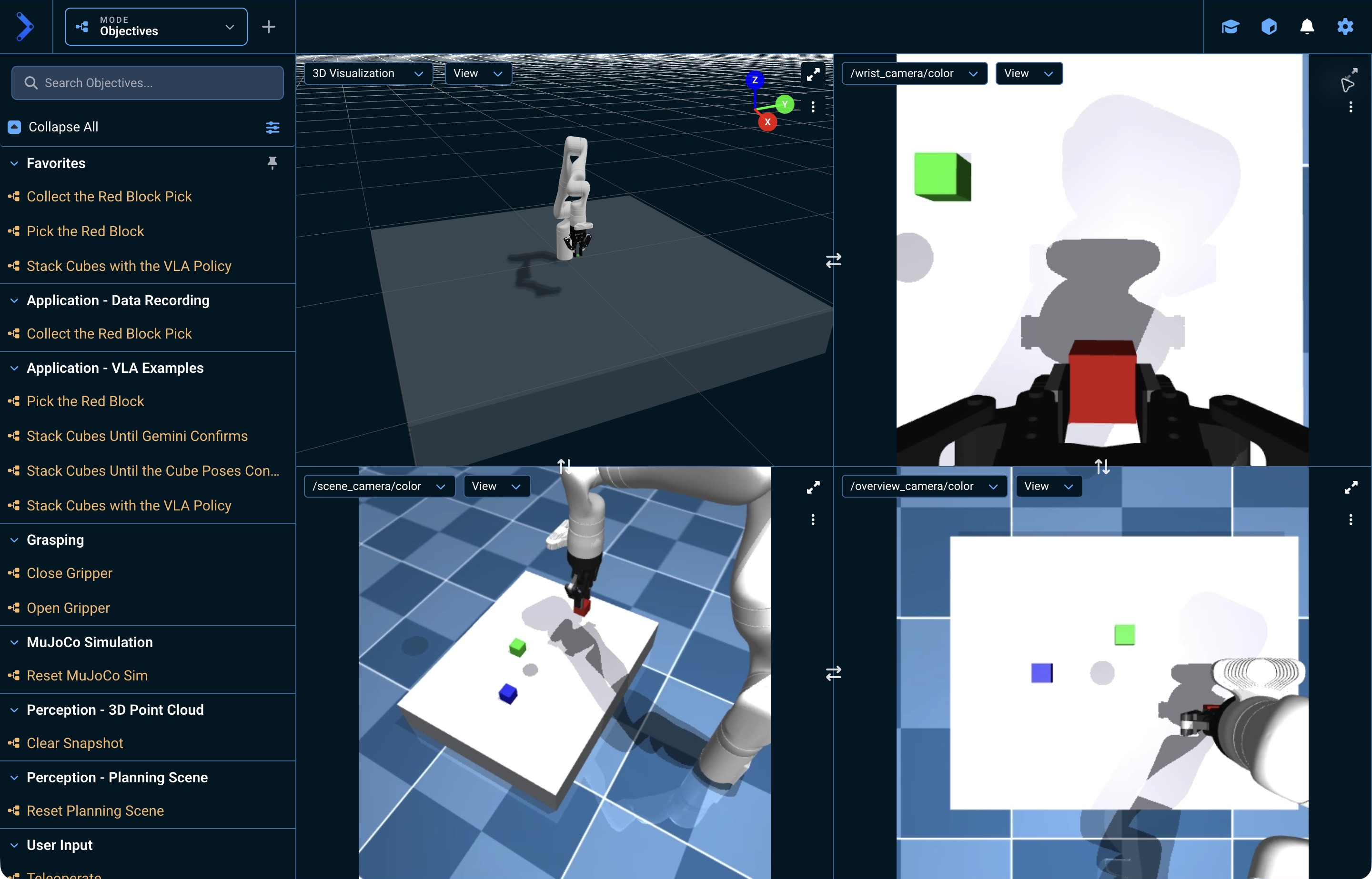The vla_sim scene and camera panes, with the graduation-cap Trainer button in the upper-right navigation bar (relevant controls outlined in orange)