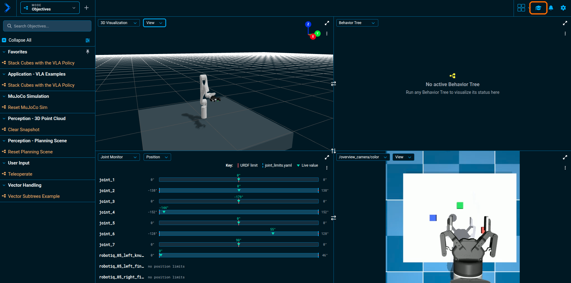 The graduation-cap Trainer button highlighted in the navigation bar, with the vla_sim scene, joint monitor, and overview camera visible