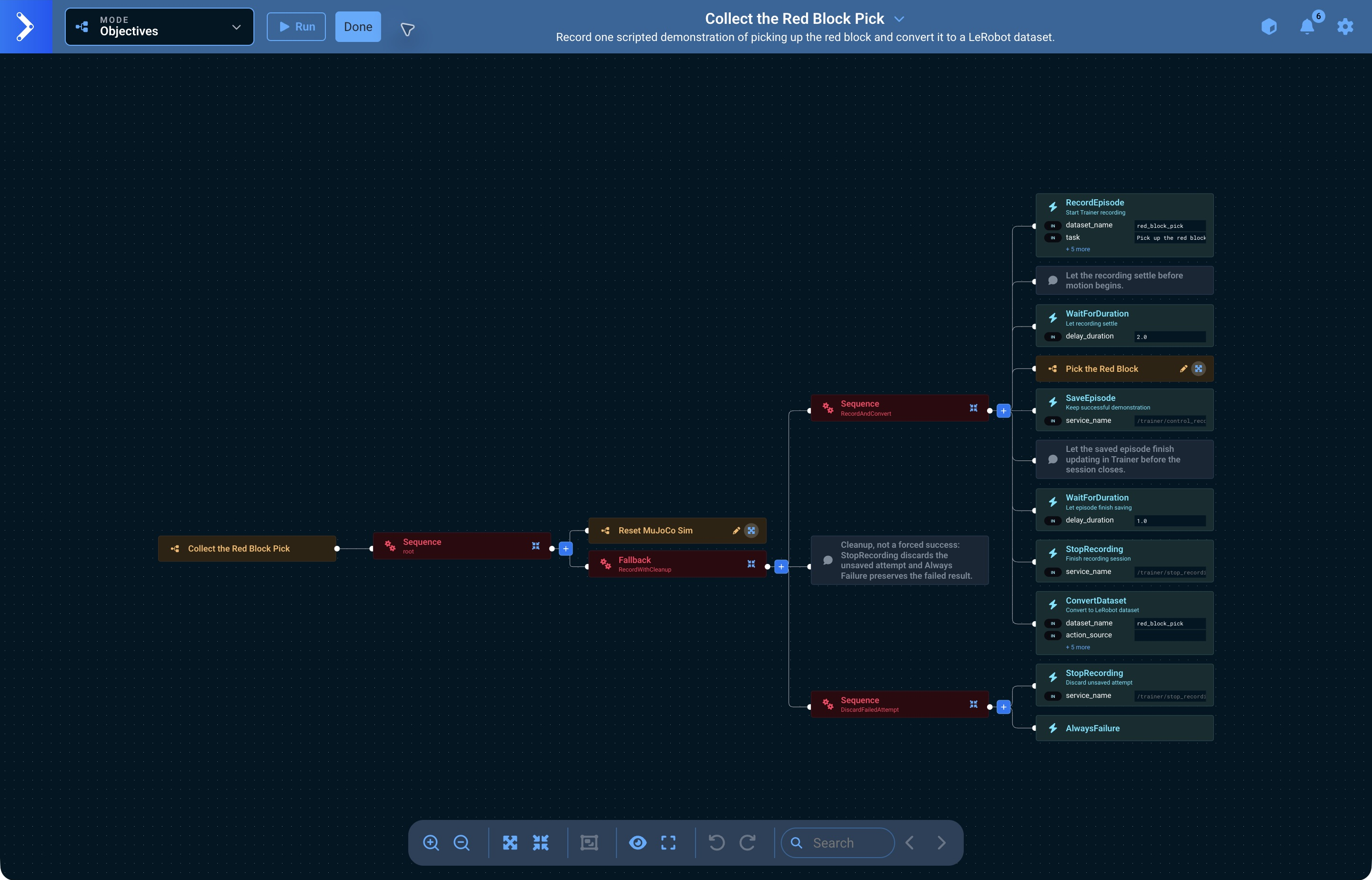 A recording wrapper constructed in the Objective editor, with Reset MuJoCo Sim ahead of the Fallback and the Pick the Red Block Subtree collapsed between RecordEpisode and SaveEpisode
