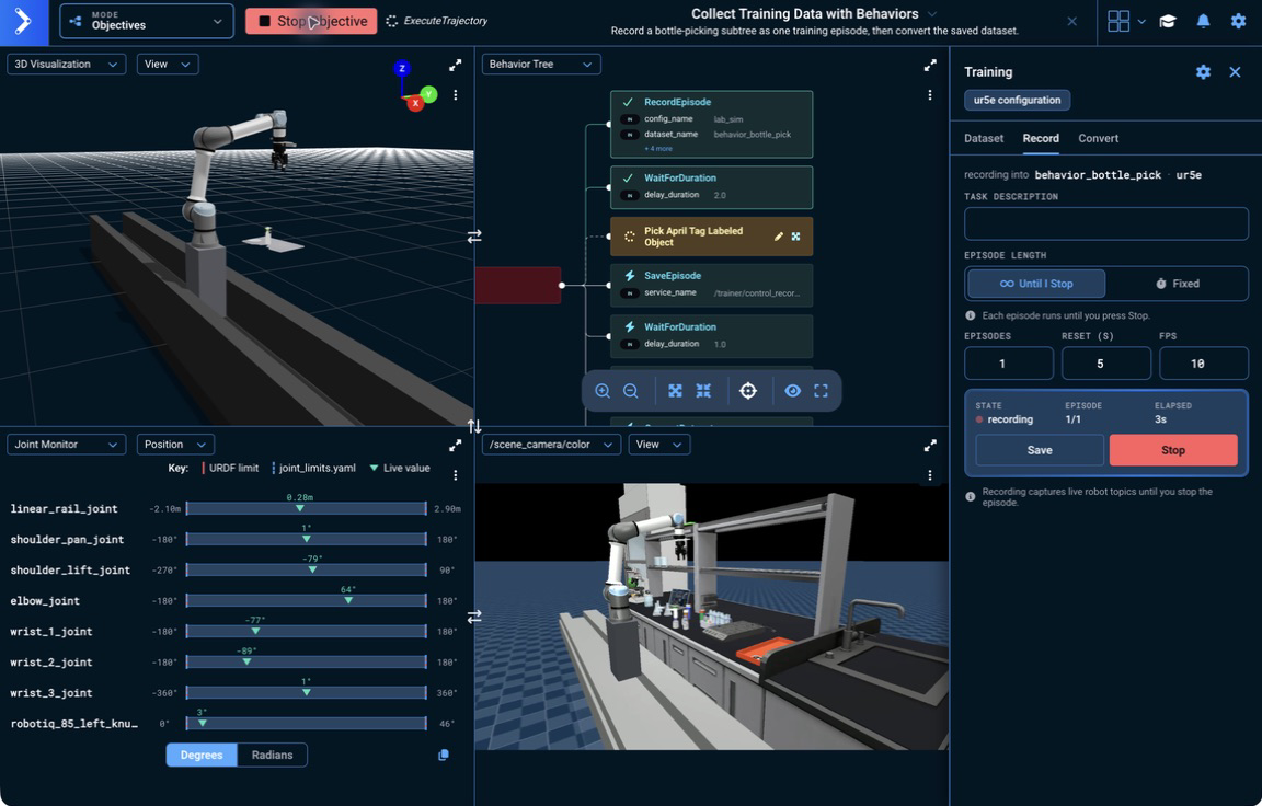 The real lab simulation recording a bottle-picking task, with RecordEpisode complete, the collapsed task Subtree running, and Trainer showing the active recording