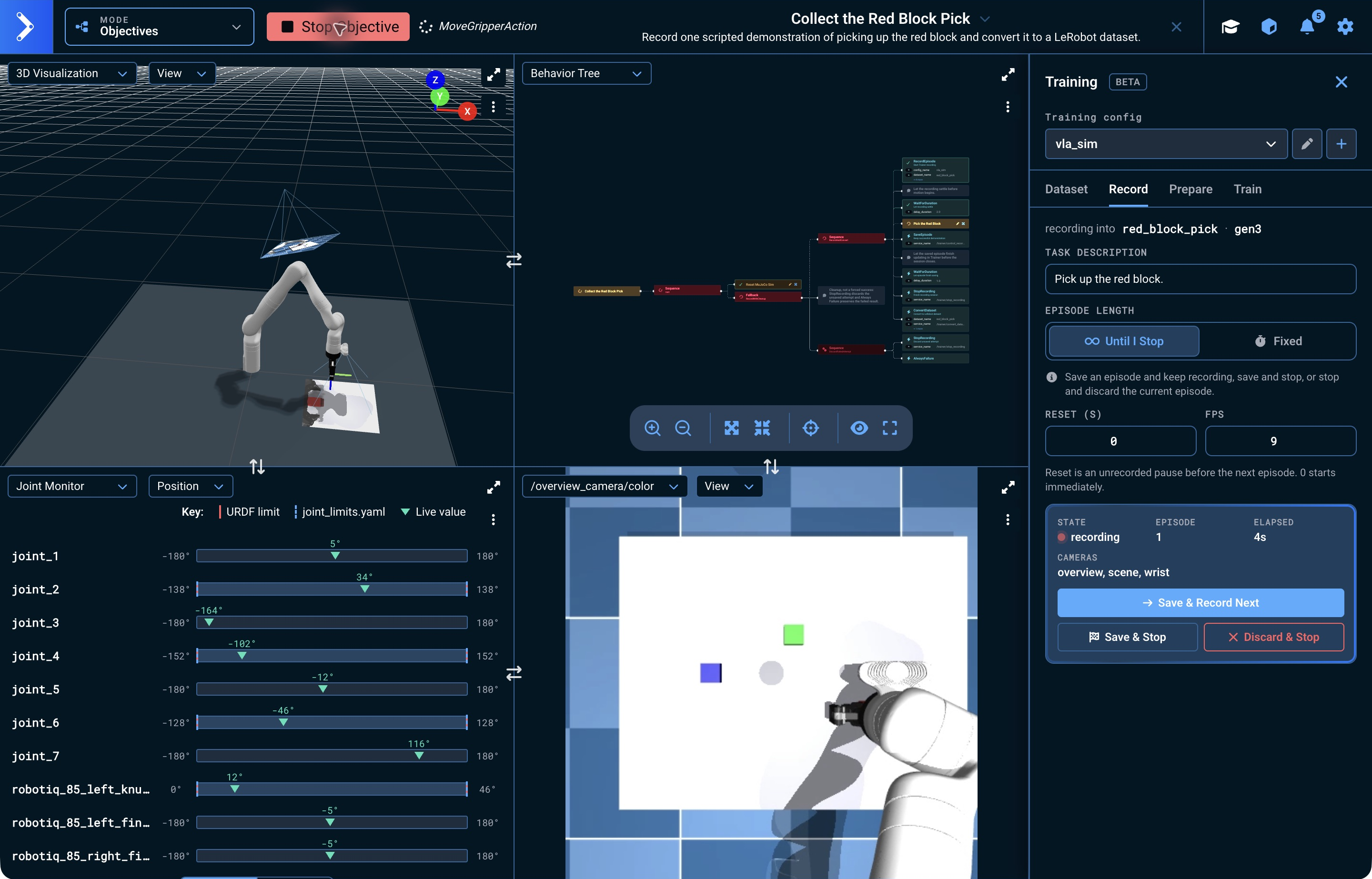 The vla_sim scene recording a red-block pick, with RecordEpisode complete, the collapsed task Subtree running, and Trainer showing the active recording