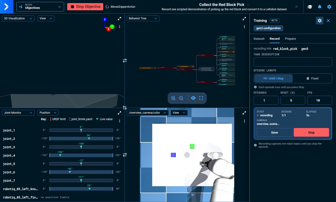 The vla_sim scene recording a red-block pick, with RecordEpisode complete, the collapsed task Subtree running, and Trainer showing the active recording