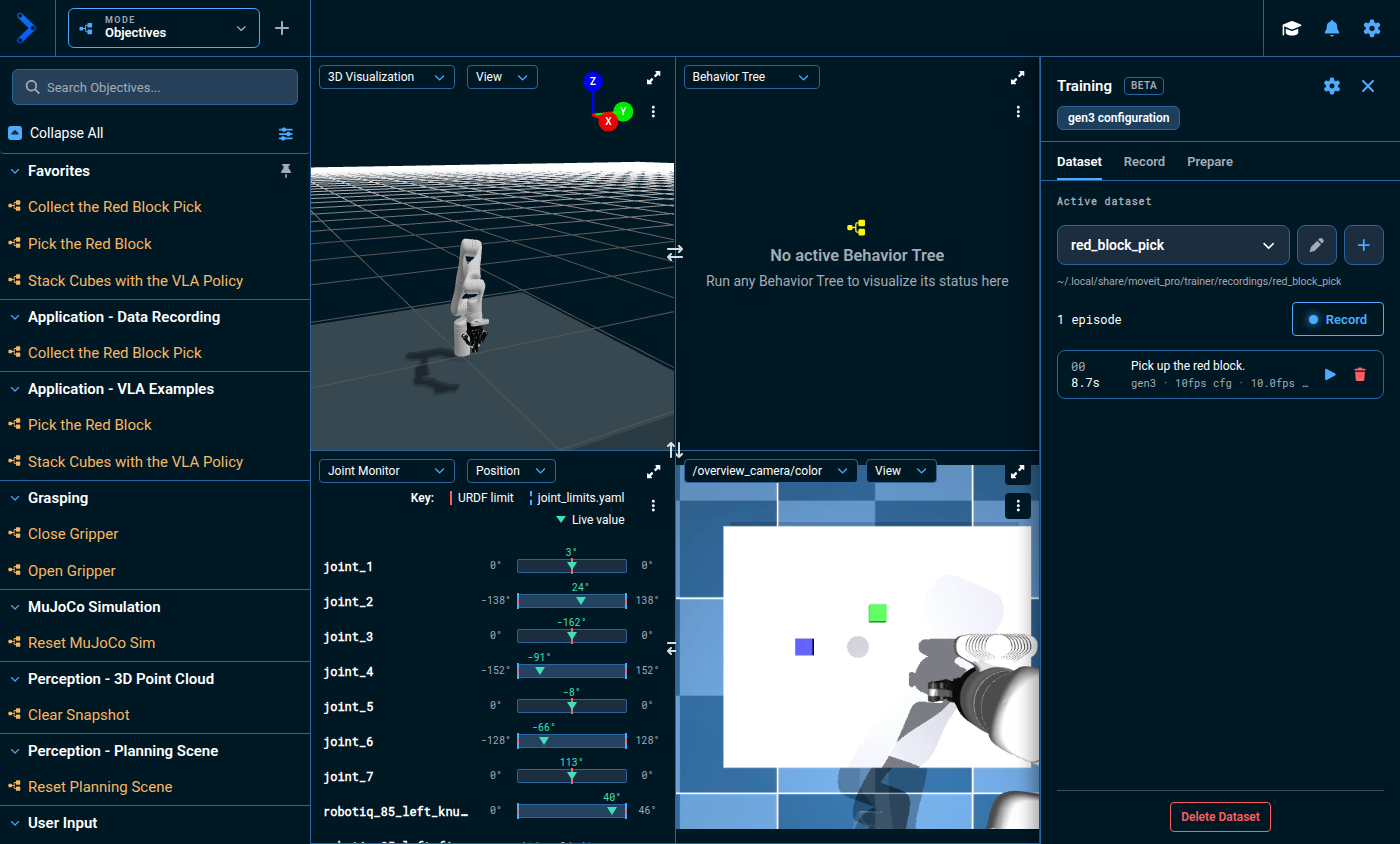 The red_block_pick dataset containing one saved red-block pick episode, with its playback button visible