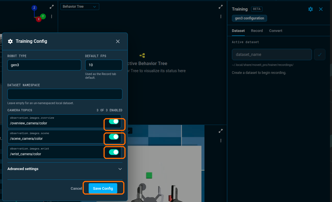 The Training Config dialog for gen3, with all three camera toggles and the Save Config button highlighted