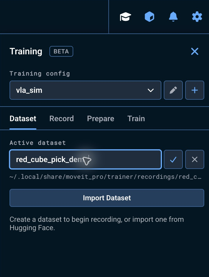 The Dataset tab with red_cube_pick_demo entered beside the create checkmark (relevant controls outlined in orange)