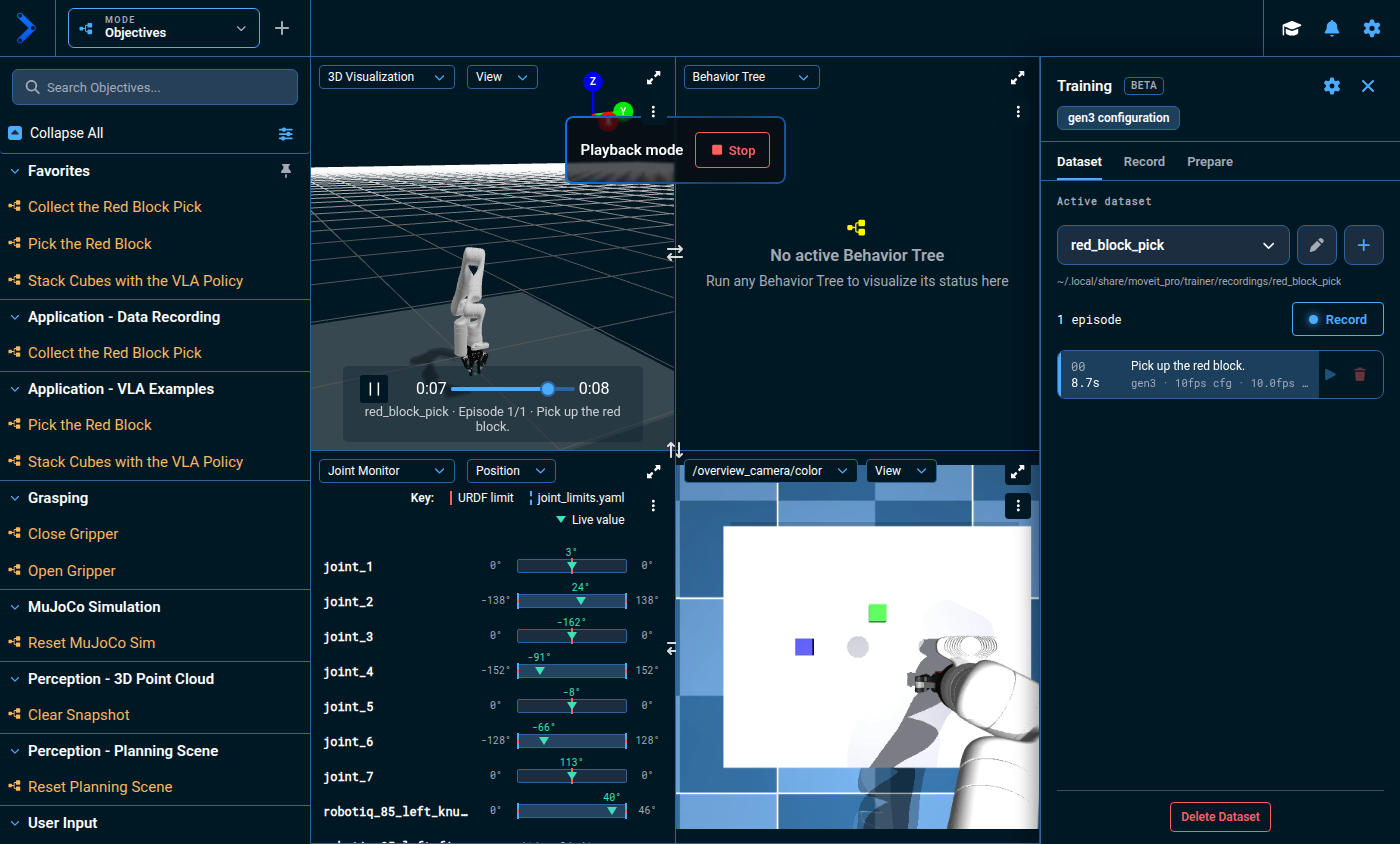 Playback of the red-block pick episode, with the recorded timeline and Playback mode controls visible