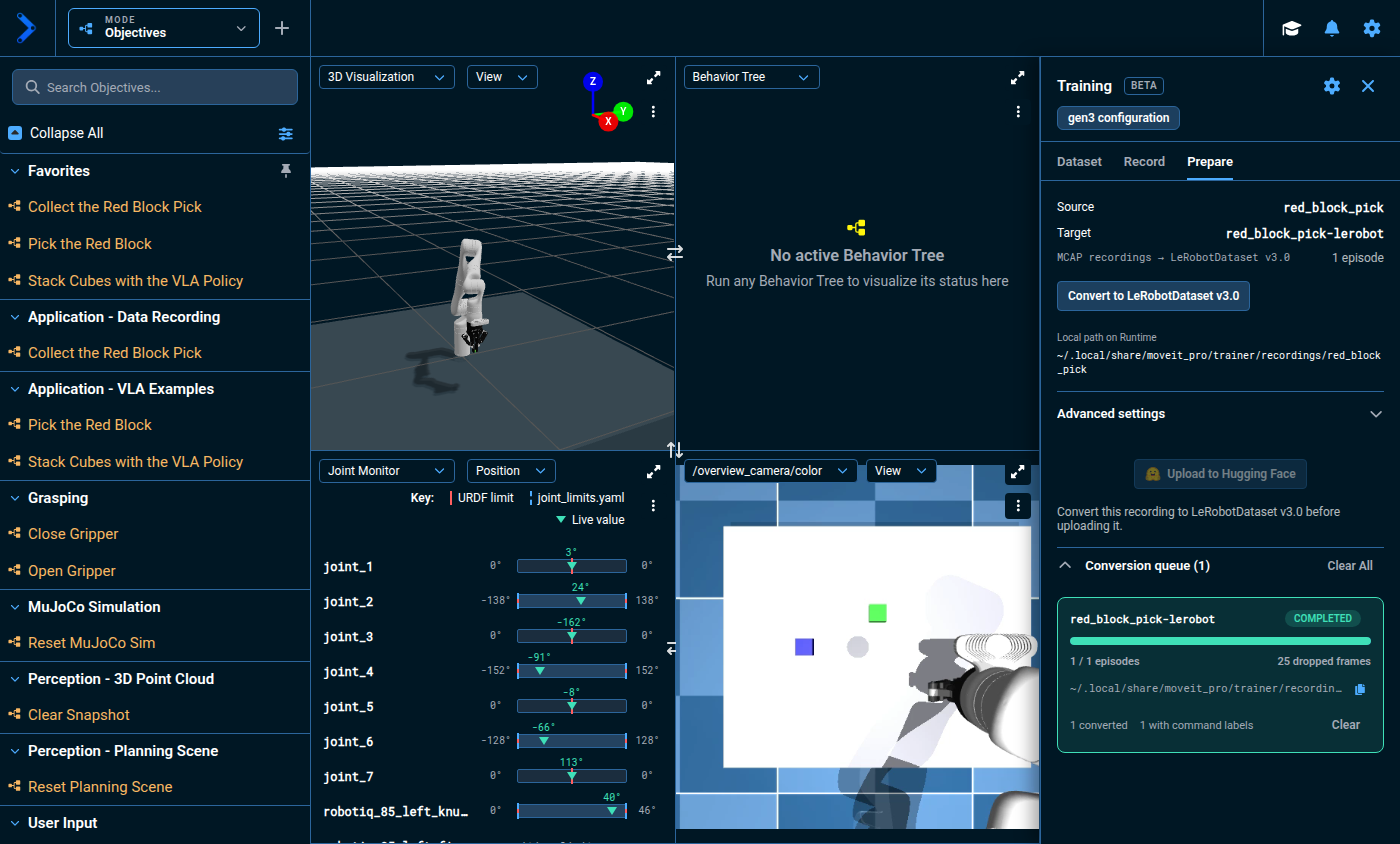 The Prepare tab showing a completed LeRobotDataset v3 conversion and its local path on the Runtime