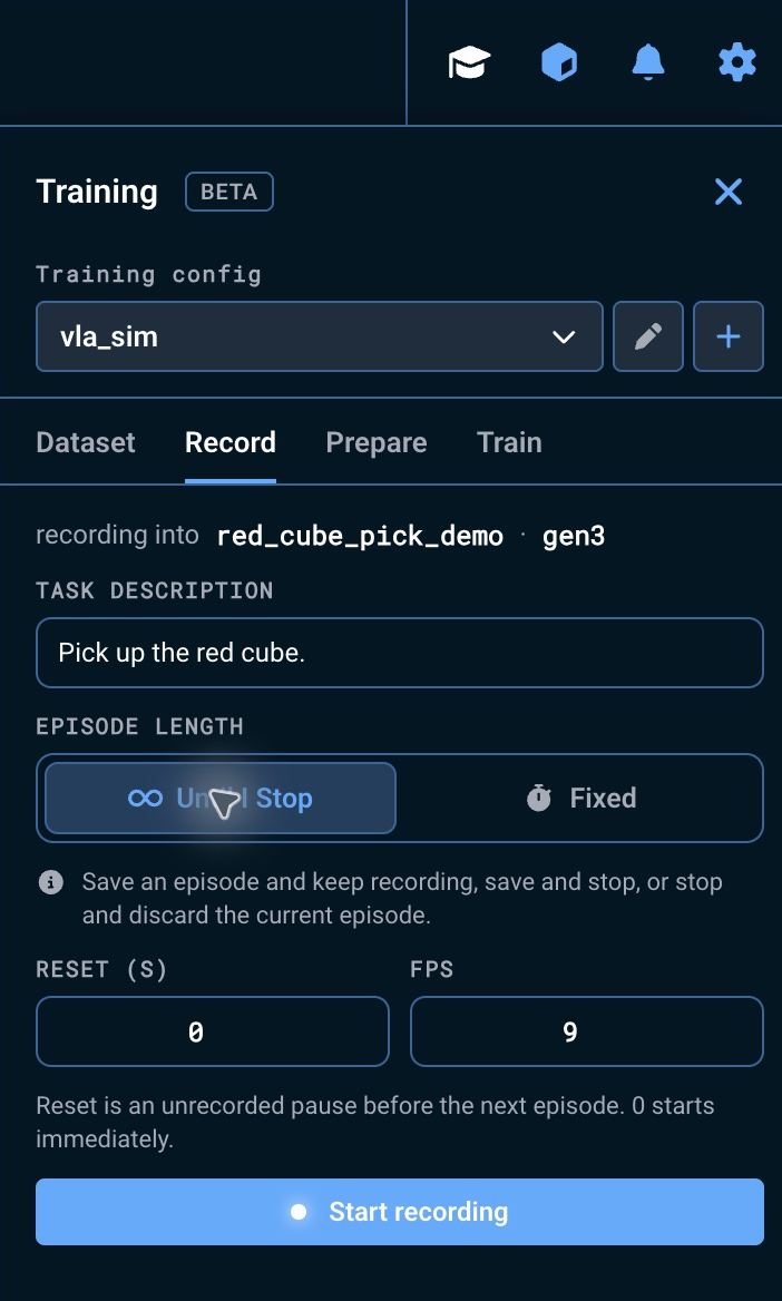 The Record tab configured for red_cube_pick_demo, with the task description, Until I Stop, zero reset delay, and Start recording (relevant controls outlined in orange)