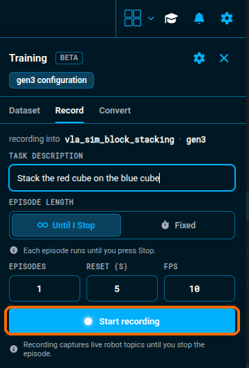 The Record tab configured for vla_sim_block_stacking, with the task description set and Start recording highlighted