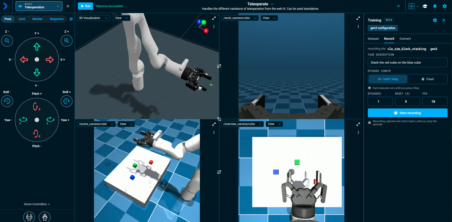 The Teleoperate mode ready to jog the arm, with Trainer already recording into vla_sim_block_stacking