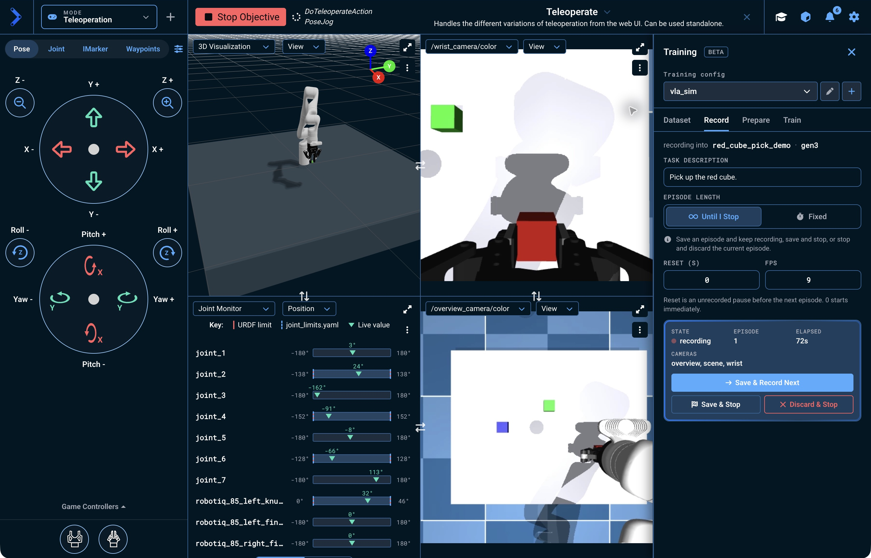 The Teleoperate mode ready to jog the arm, with Trainer already recording into red_cube_pick_demo