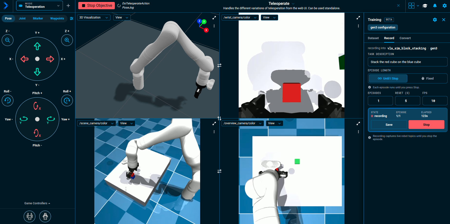The wrist camera mid-stack showing the red cube being carried toward the blue cube, while the 3D Visualizer pane shows an empty table