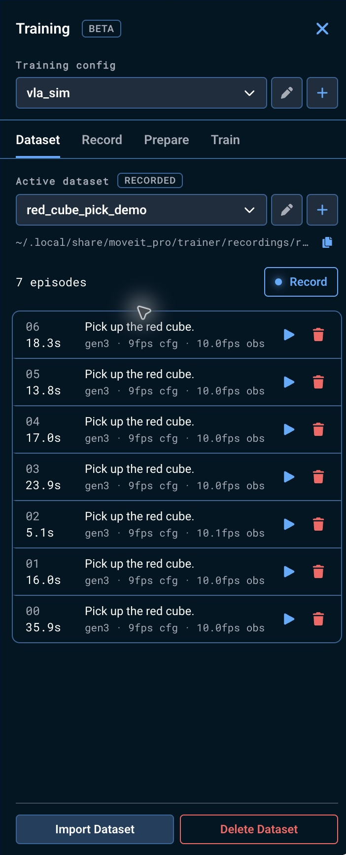 The Dataset tab with seven red-cube demonstrations, episode playback buttons, and the fixed Import and Delete footer (relevant controls outlined in orange)