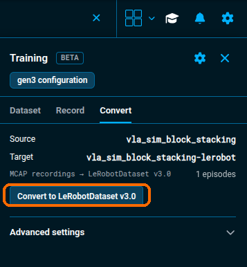 The Convert tab for vla_sim_block_stacking, with the Convert to LeRobotDataset v3.0 button highlighted