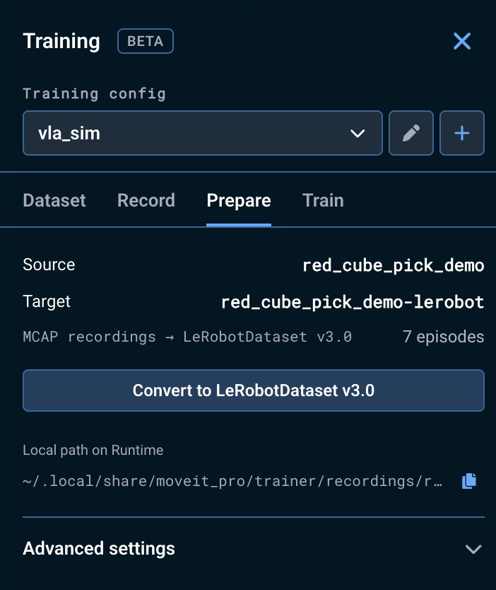 The Prepare tab showing a recorded dataset, its local Runtime path, and the Convert to LeRobotDataset v3.0 button (relevant controls outlined in orange)