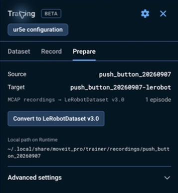 The Prepare tab showing a recorded dataset, its local Runtime path, and the Convert to LeRobotDataset v3.0 button