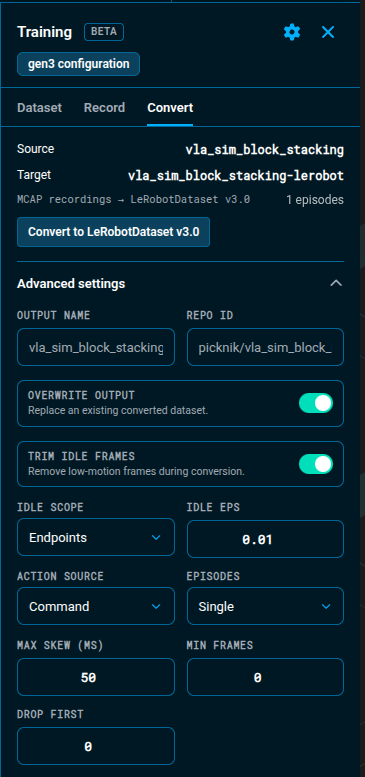 The Convert tab's Advanced settings expanded, showing output name, repo ID, idle-frame trim controls, action source, and episode-segmentation options