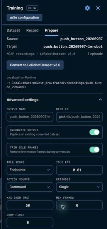The Prepare tab's Advanced settings expanded, showing output name, repo ID, idle-frame trim controls, action source, and episode-segmentation options
