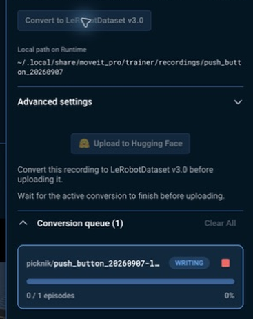 The Prepare tab's conversion queue writing a LeRobot dataset, with progress at 0 of 1 episodes