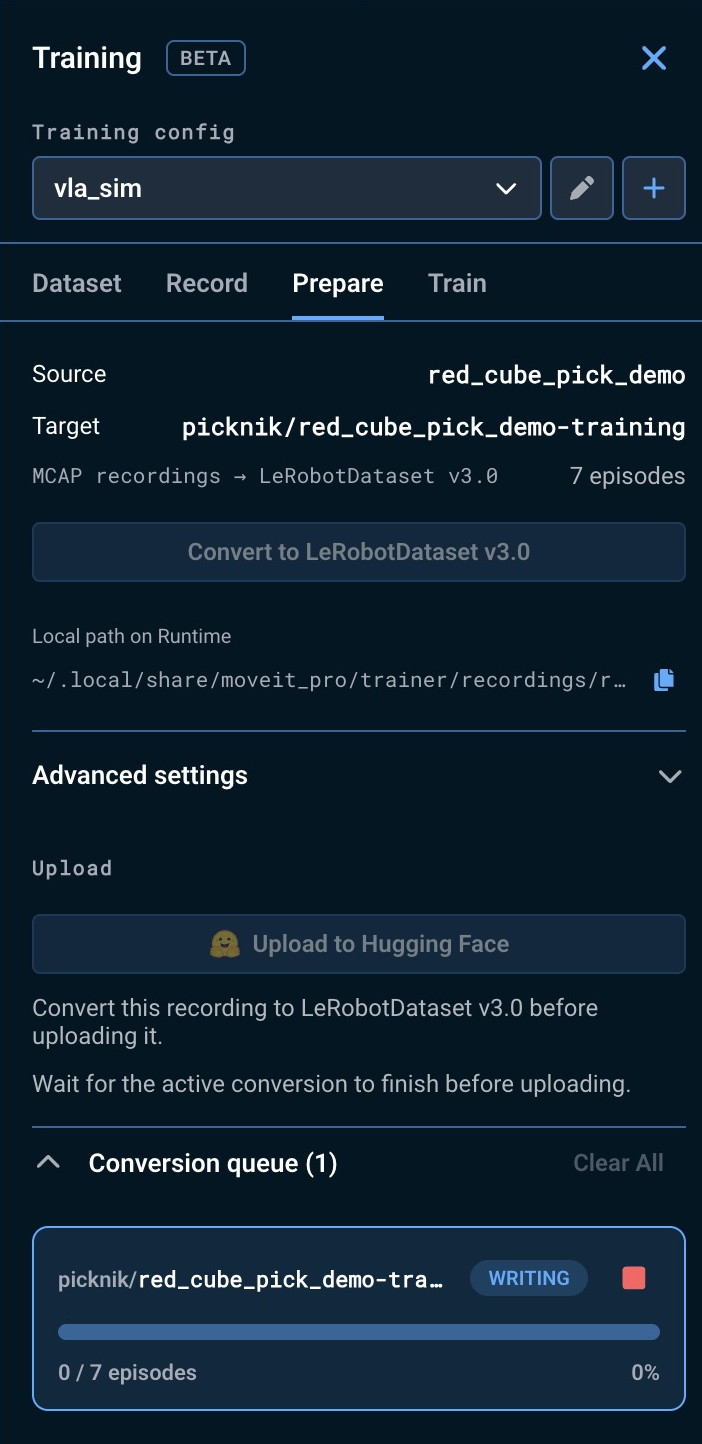 The Prepare tab converting seven recorded episodes, with progress and cancellation in the conversion queue (relevant controls outlined in orange)