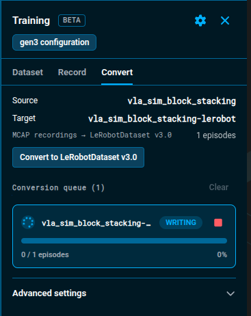 The conversion queue with vla_sim_block_stacking-lerobot writing, its progress bar at 0 of 1 episodes