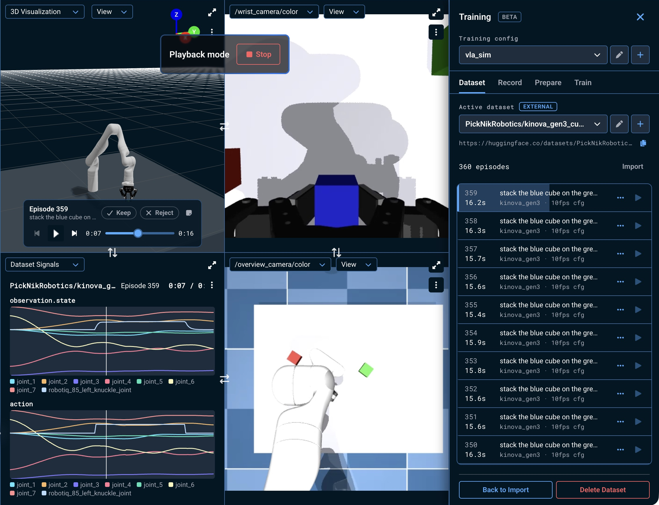 External dataset playback with the mapped robot, camera views, Dataset Signals, and episode review controls (relevant controls outlined in orange)