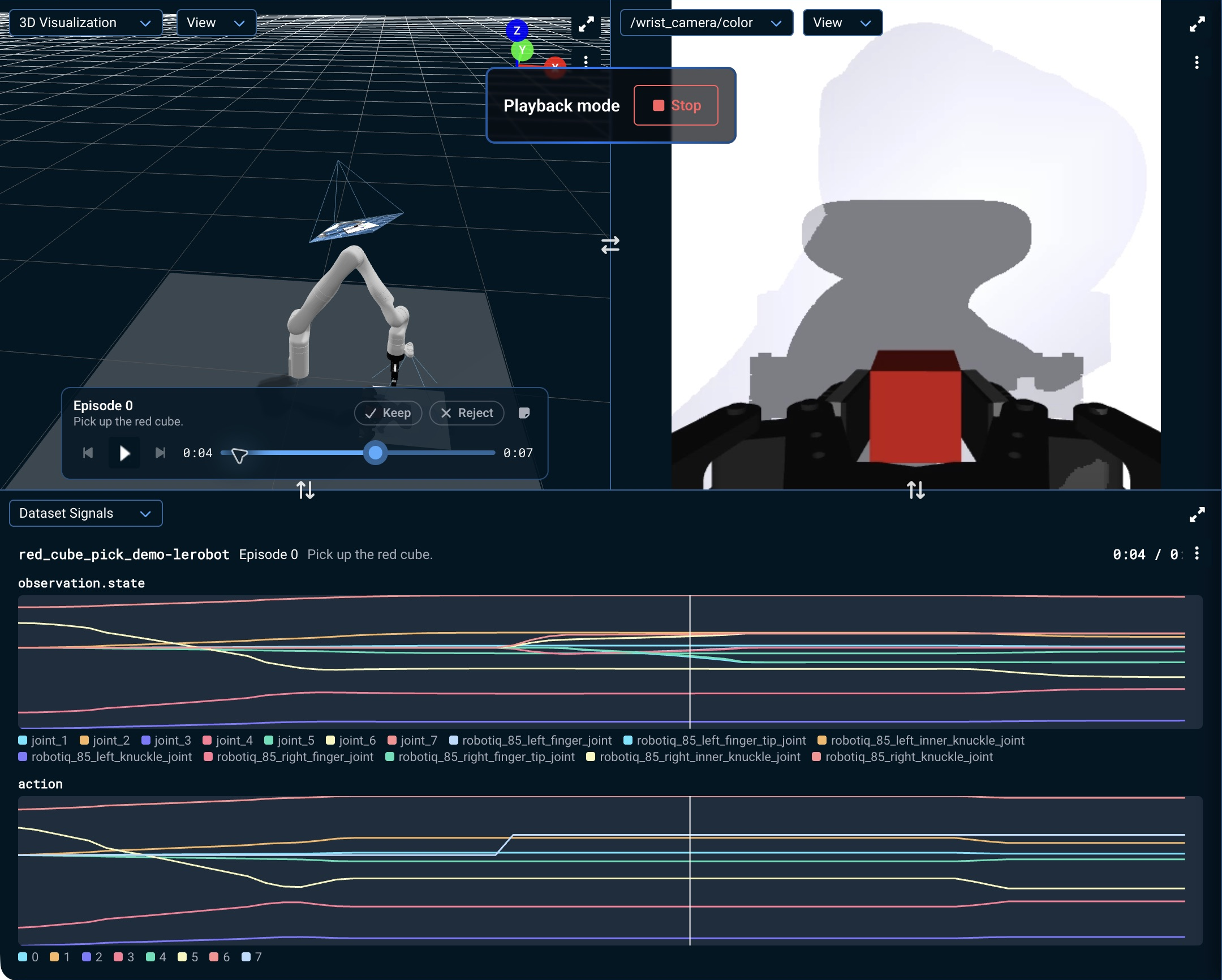 Converted red-cube demonstration with synchronized robot and wrist-camera playback above the Dataset Signals observation.state and action charts (signal charts outlined in orange)