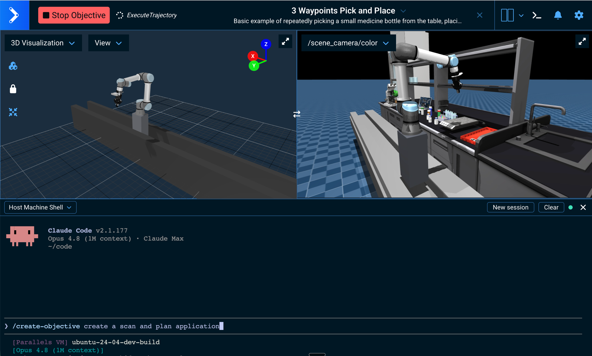 Claude Code running in the MoveIt Pro Host Machine Shell to create an Objective