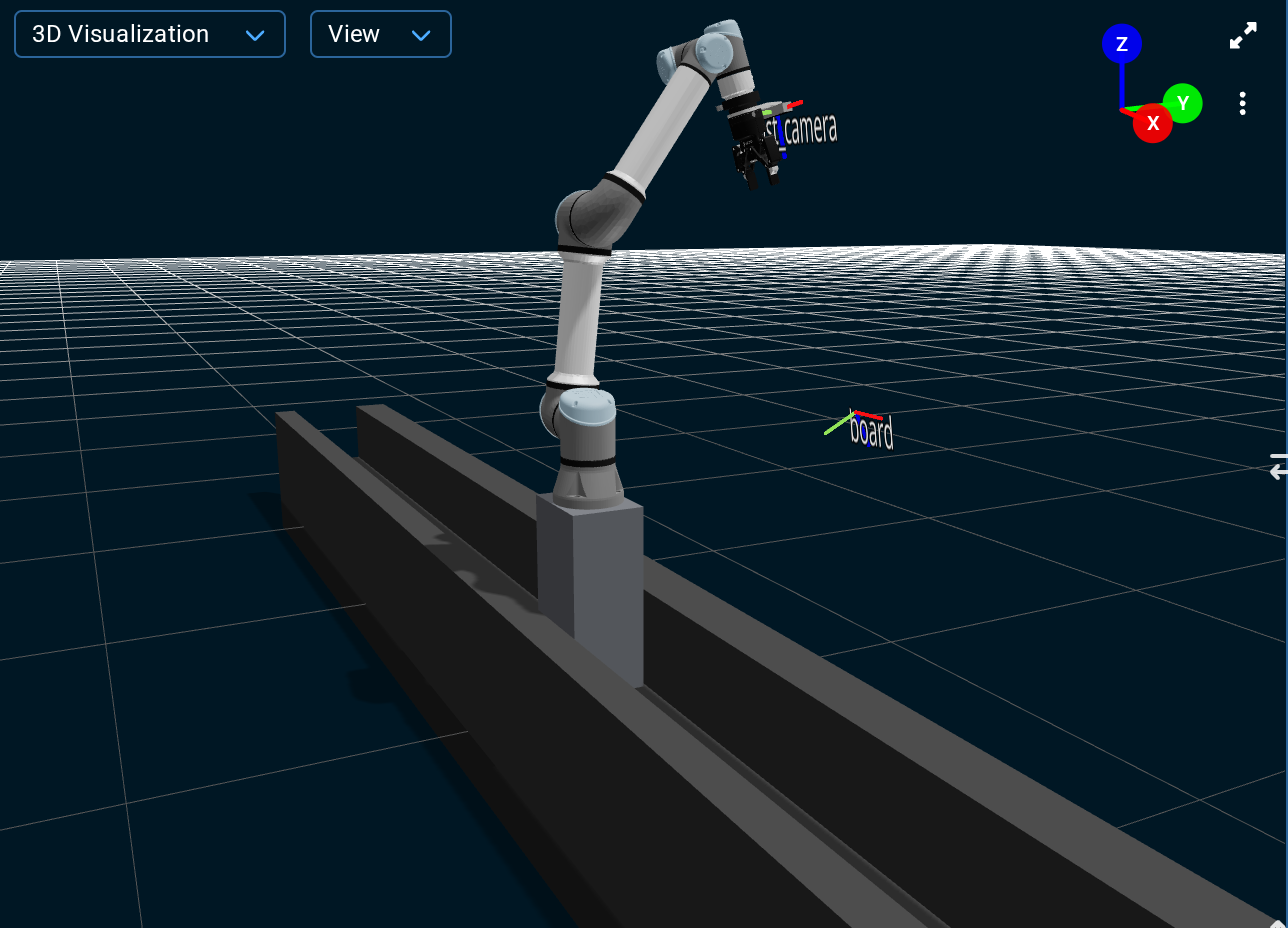The 3D Visualizer after the run, with the solved wrist_camera frame at the gripper and the solved board frame on its stand