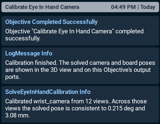 The Alert Sidebar after the run, with the summary line of the solved wrist camera