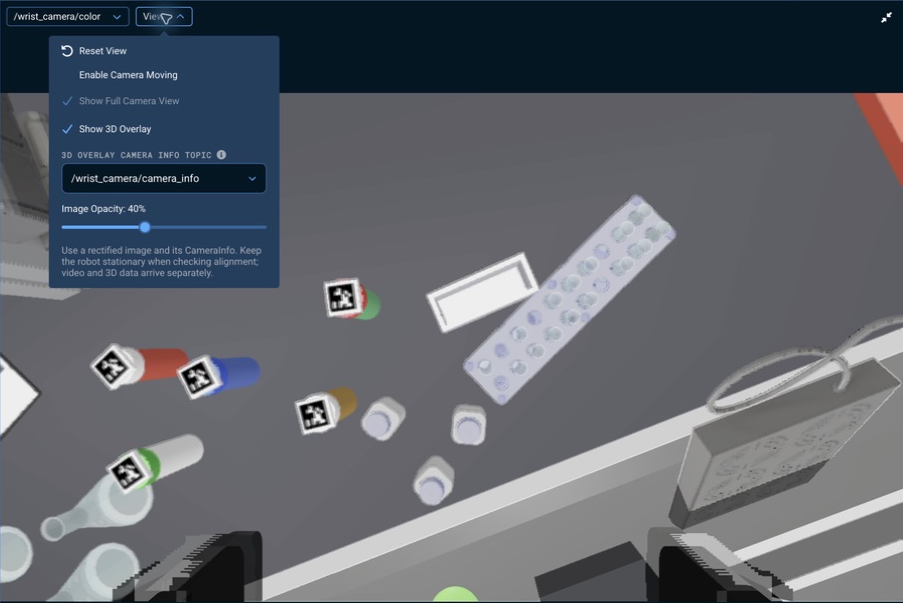The wrist camera pane in lab_sim with Show 3D Overlay enabled, /wrist_camera/camera_info selected, and Image Opacity at 40%: the robot model and the scene geometry drawn over the camera image