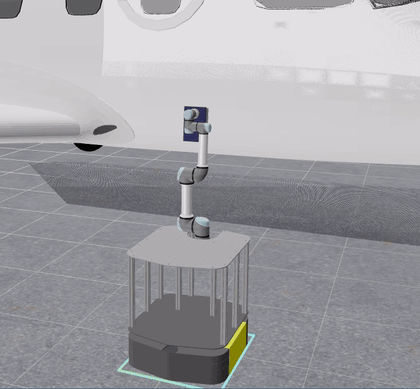 ValidateTrajectory refusing a Cartesian path, with the colliding robot pose drawn as an orange ghost and a red contact sphere where the suction cups meet the fuselage