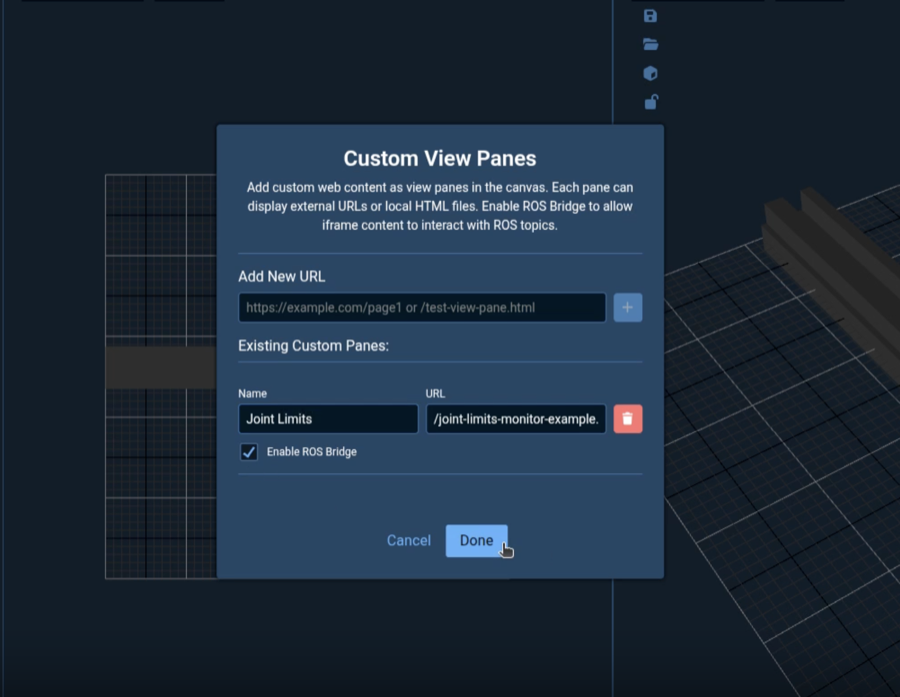 Custom View Panes modal showing the URL input and configuration options