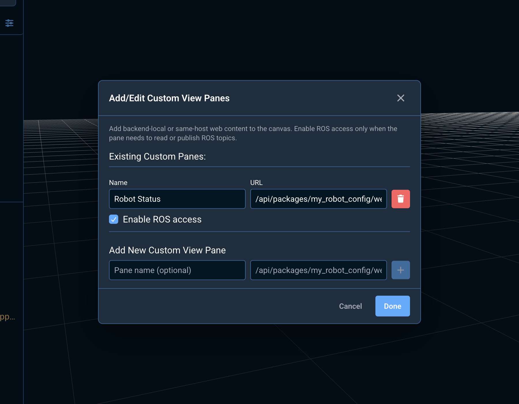 Custom View Panes modal showing the URL input and configuration options