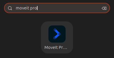 The Ubuntu application launcher search field with "moveit pro" typed and the MoveIt Pro app as the result
