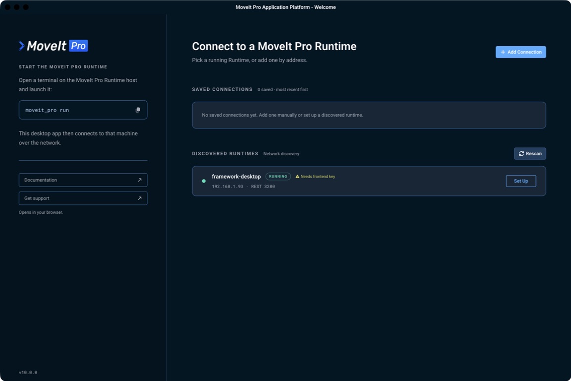 A discovered MoveIt Pro Runtime ready for setup
