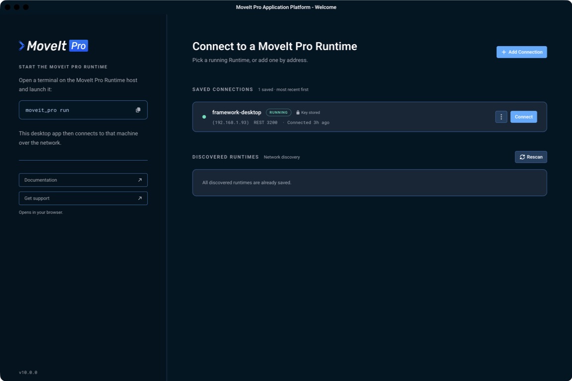 A saved MoveIt Pro Runtime connection