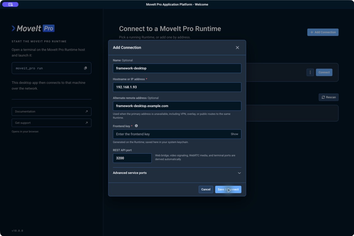 Set up a Runtime with an optional alternate remote address