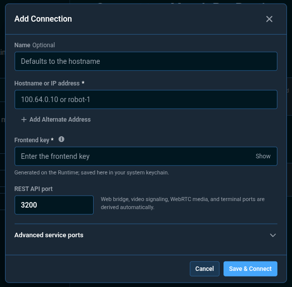 The Add Connection dialog, with fields for a name, hostname or IP address, and frontend key