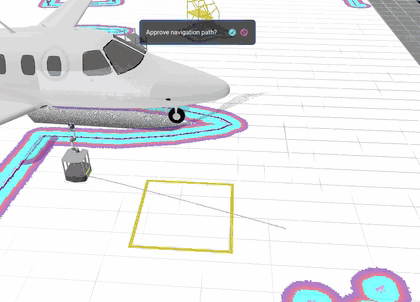 The hangar_sim mobile base approving a navigation path and rolling across the hangar floor next to the airplane, with costmaps and streamed point clouds in the 3D Visualizer