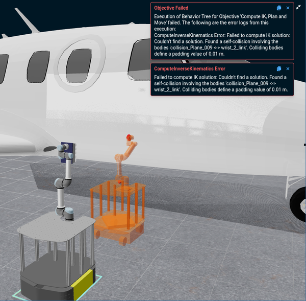 A ComputeInverseKinematics failure, with the rejected pose drawn as a ghost with a red contact sphere against the fuselage, and the error names collision_Plane_009 and wrist_2_link