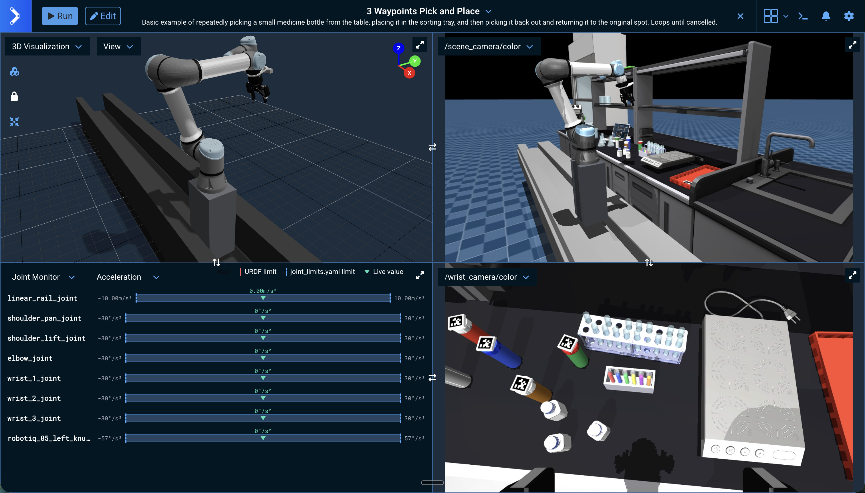 lab_sim rendered in the 3D Visualizer alongside its simulated scene and wrist cameras, showing the improved scene render quality and standardized camera resolution