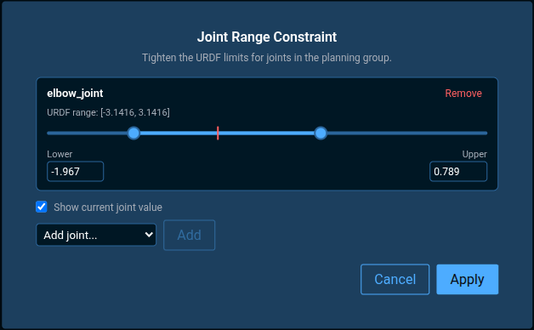 Joint range constraint editor opened from the joint_range_constraint port on a PlanToJointGoal Behavior