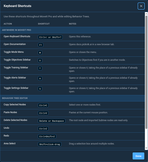 The Keyboard Shortcuts reference, listing shortcuts that work anywhere in MoveIt Pro and those for the Behavior Tree editor