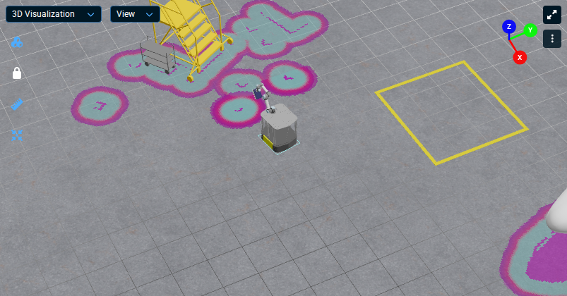 Local costmap showing colored obstacle cells over scattered boxes in hangar_sim's box zone