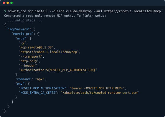 moveit_pro mcp install printing a ready-to-paste remote Claude Desktop entry for the MCP endpoint of a Runtime