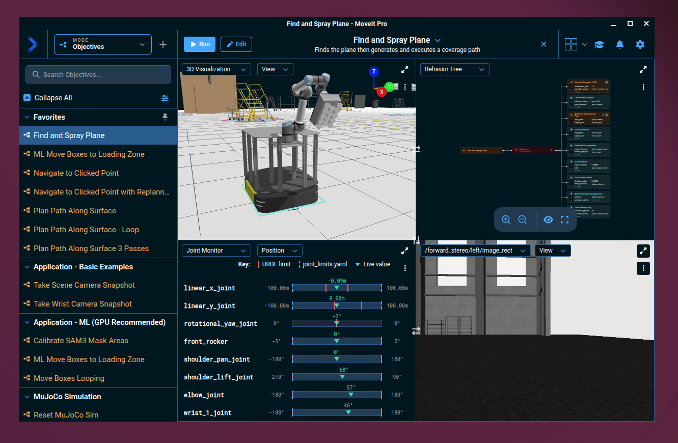 The MoveIt Pro Desktop App running an Objective, showing the Objectives sidebar, the 3D Visualizer, the Behavior Tree, the Joint Monitor, and a live camera view
