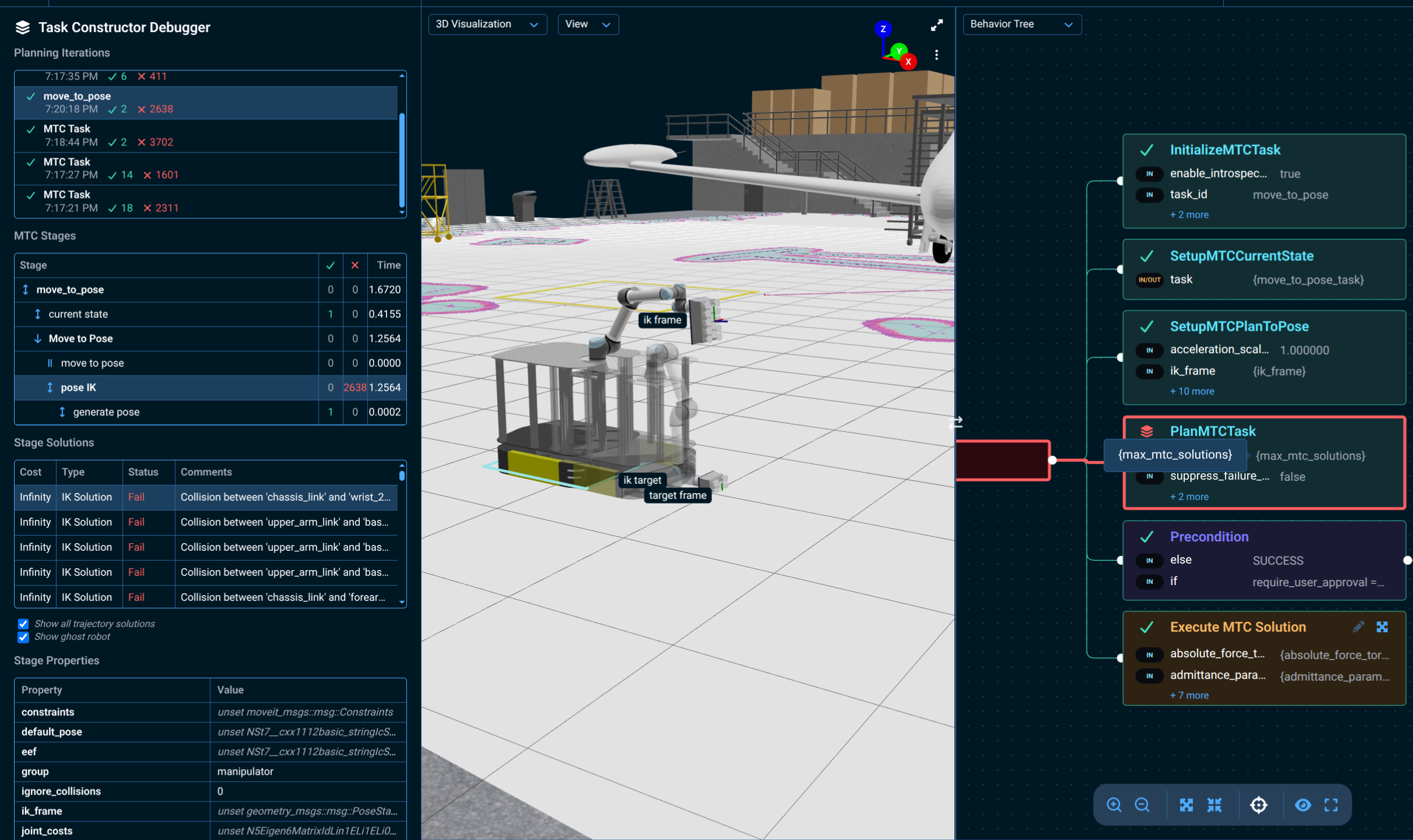 Task Constructor Debugger mode showing a failed pose IK stage, with the Planning Iterations, MTC Stages, Stage Solutions, and Stage Properties panels