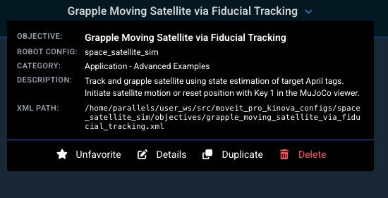 Expanded navbar dropdown with Objective details and quick actions