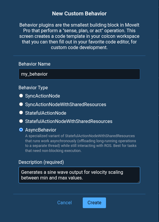 New Custom Behavior Screen